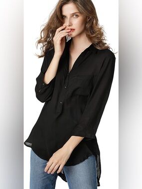 CLOTH & STONE | Anthropology Black Relaxed V-Neck Button Tunic with Chest Pocket